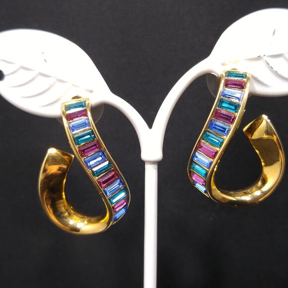 Vintage Swarovski Swan Logo Earrings, Gold Plated Rhinestone Hoop, 1990s Jewelry - Picture 2 of 10